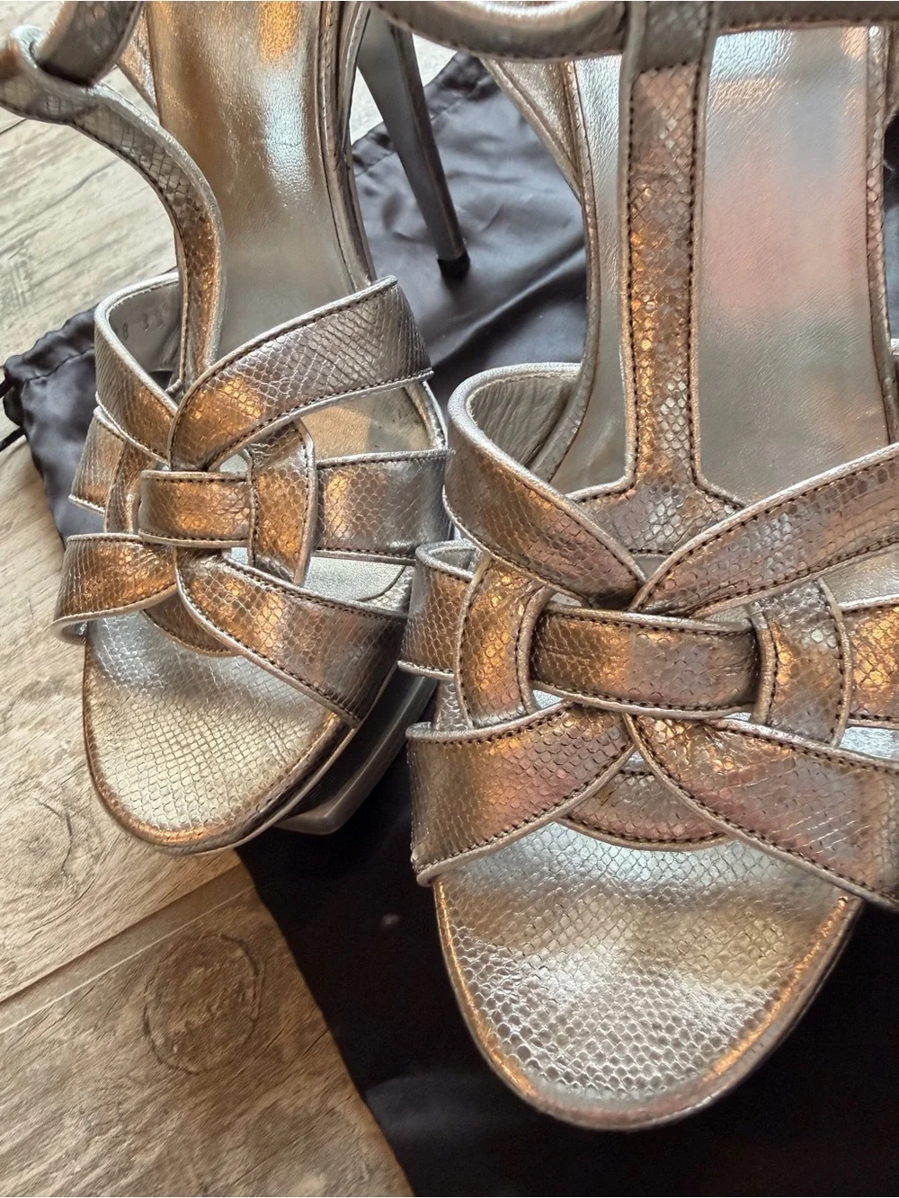 Saint Laurent Metallic Silver T-Strap Woven Heels - Picture 3 of 9